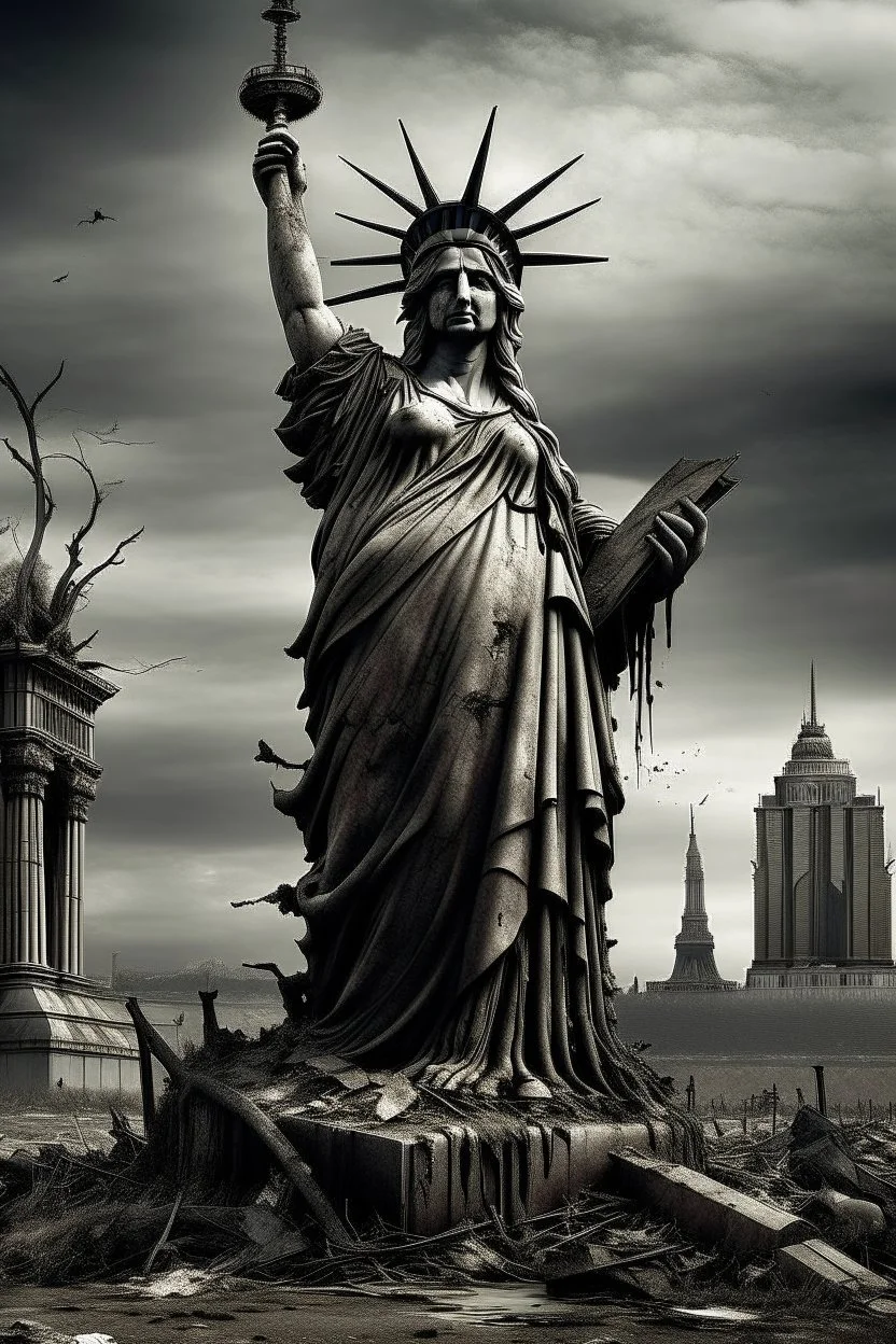the statue of liberty, dress dirty and torn, her face solemn and terse, trash littered at her feet, the skyline dark and grungy