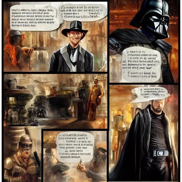 Darth wader and Indiana Jones dinner, cyberpunk