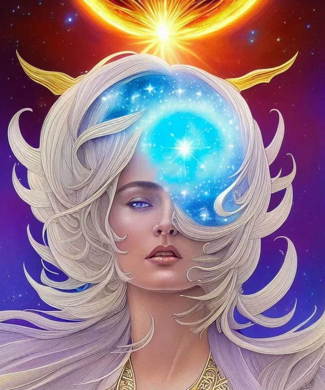 celestial sky, astronomy, platinum blonde woman on fire, psychedelic, intricate, elegant, highly detailed, background fire sky, digital painting, artstation, concept art, smooth, sharp focus, illustration, head shot, close up, art by artgerm and greg rutkowski and alphonse mucha, symmetrical eyes, perfect eyes, blue eyes, staring at camera, eye contact