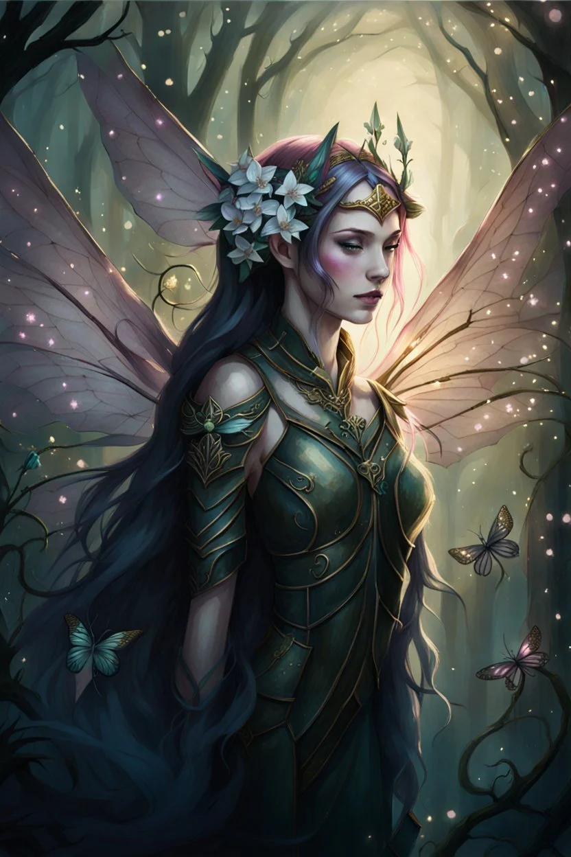 Hydrangea,orchids,lilies of the valley,night,pink hair,rapunzel hair,elven crown,dragonflies,pointed ears,elven ears,dark fairy princess,sparkle,,dark gold armour,fairy wings,pink