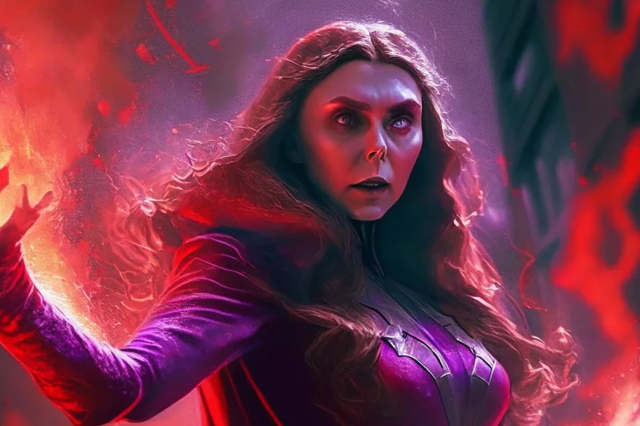 Feiticeira escarlate, wanda Marvel, elizabeth olsen, 4k render, vilã, manipulando magia, raiva, corpo inteiro, olhos marcantes, mãos atirando magia do caos vermelha, cidade de destruição, cores frias, cinematográfico, dramático