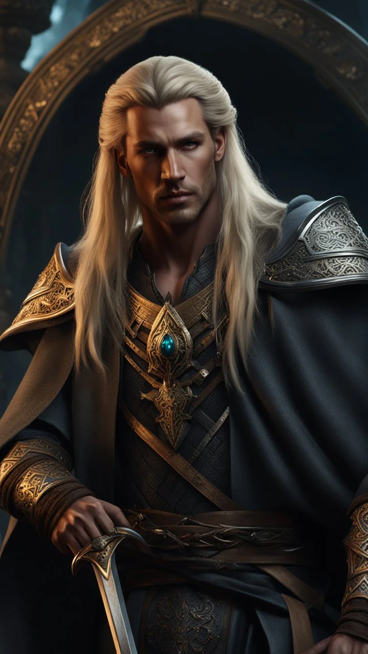 handsome warrior king, long blonde hair, male age 30, modern clothes, tan skin, tattoos, jewels,photorealistic 4k dark fantasy