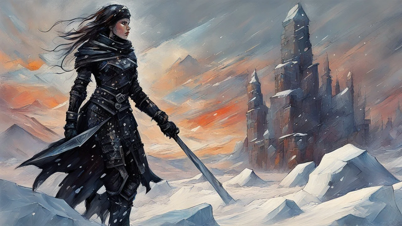 a warrior woman in black armor on the background of a cold snow-covered country, ice and crystal, frost and snow, oil and pastel, by Leonid Afremov& Atelier Olschinsky & Ian McQue