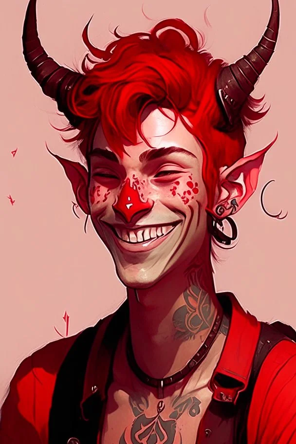 a red tiefling teen boy with lots of tattoos, he is happy