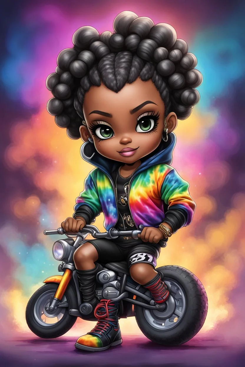 Create an digital airbrush illustration of a chibi cartoon black female wearing tie dye hoodie and black tights and biker boots. Sitting on a colorful sports motorcycle. Prominent make up with long lashes and hazel eyes. Highly detailed long twisted bantu knots. Background of a bike show and smoke around her.