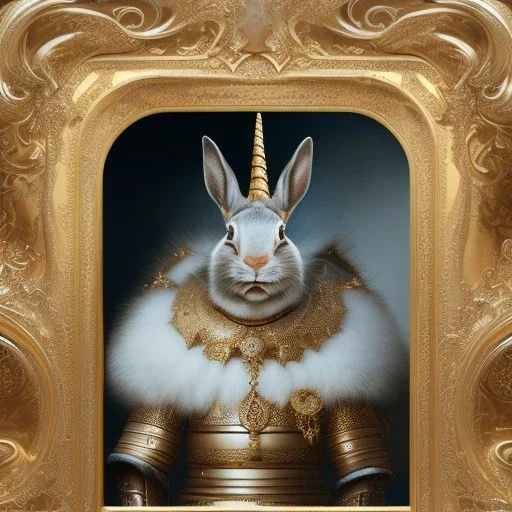 fantasy magic, sharp focus, illustration, highly detailed, digital painting, concept art, art germ and Paul Lewin and Kehinde Wiley, masterpiece silver rabbit with unicorn horn golden waves