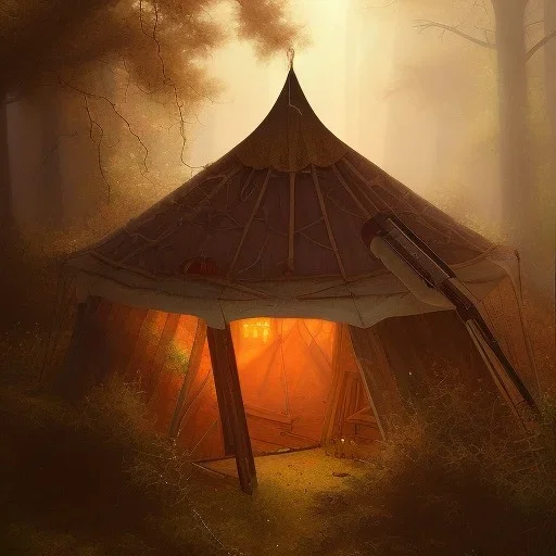 oil painting of an inside view of an old medieval tent with a little opening in canopy