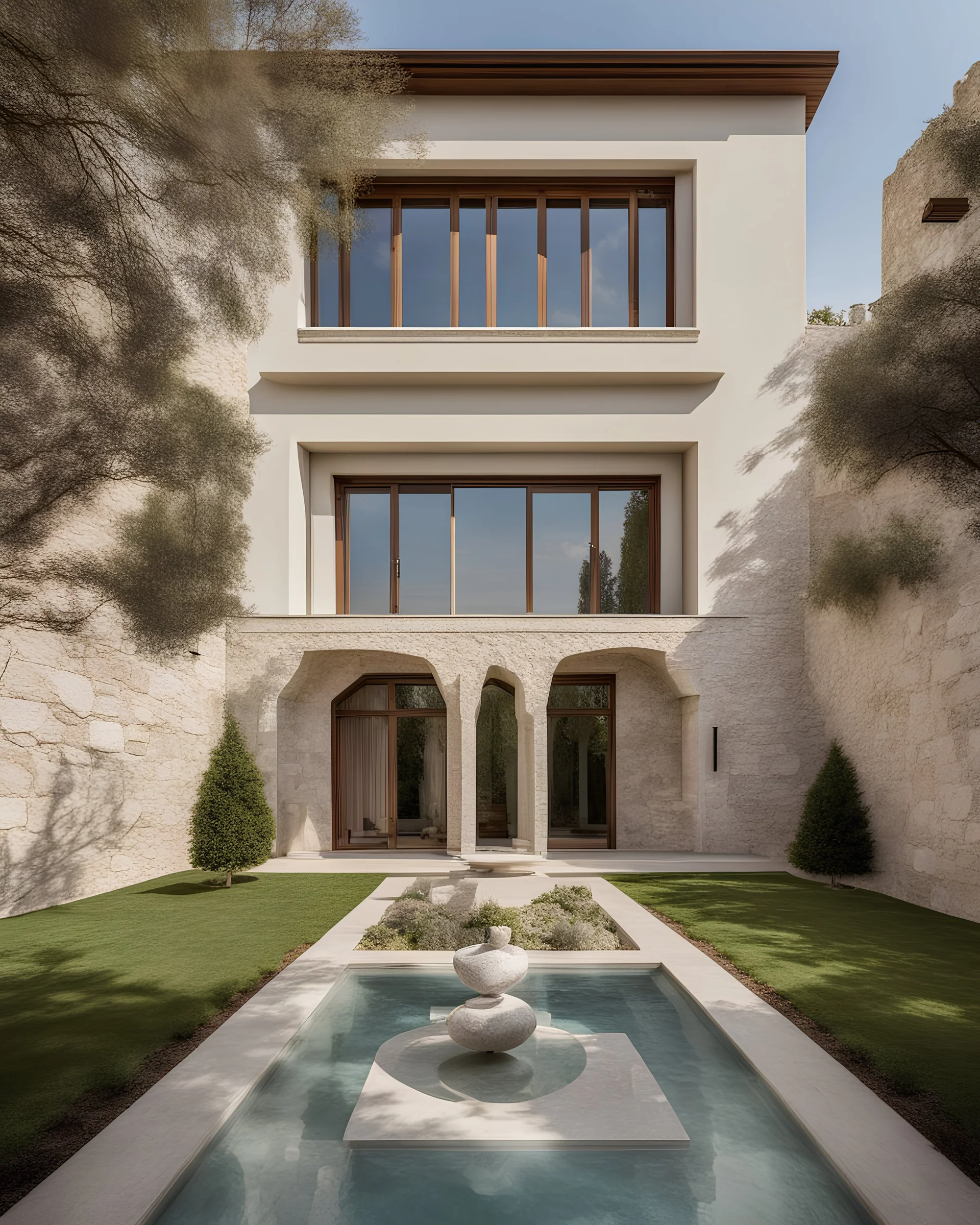 persian villa , exterior, big windows, white stone material