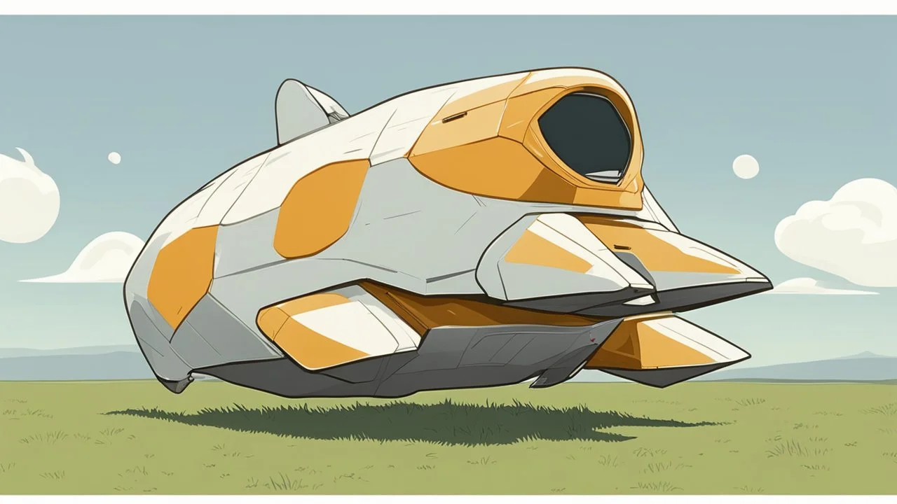 small, sleek, squat, cargo spaceship shaped like a whale, sitting in a field