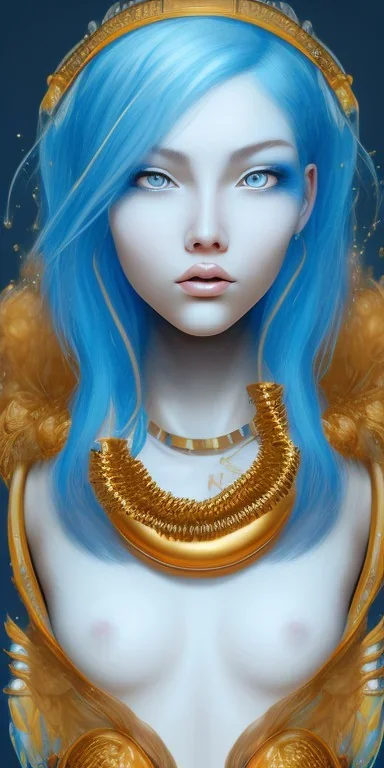 human kingfisher girl with blue hair and orange strand of hair wearing a blue winter coat and a gold necklace. kingfisher sitting on top of her head