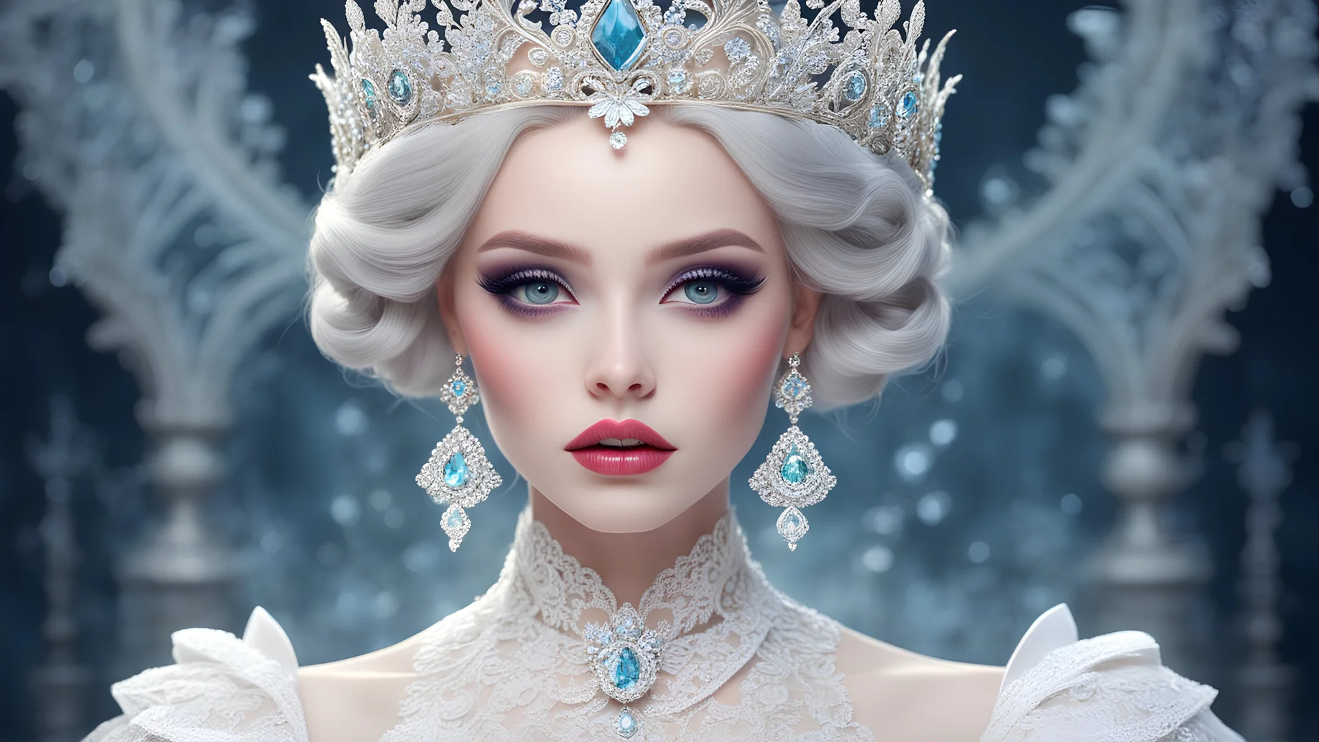 Porcelain princess with crown on head, lace dress, diamond jewelry, white skin with heavy makeup, extremely ghostly white, big glowing eyes, mega voluminous lips, gradient background, sweet color tones, soft, dreamlike, surrealism, intricate details , 3D rendering, octane rendering . Masterpiece of the best quality, beautiful and perfect, high resolution, 32k. Close-up. Nicoletta Ceccoli style. By Monique Moro.