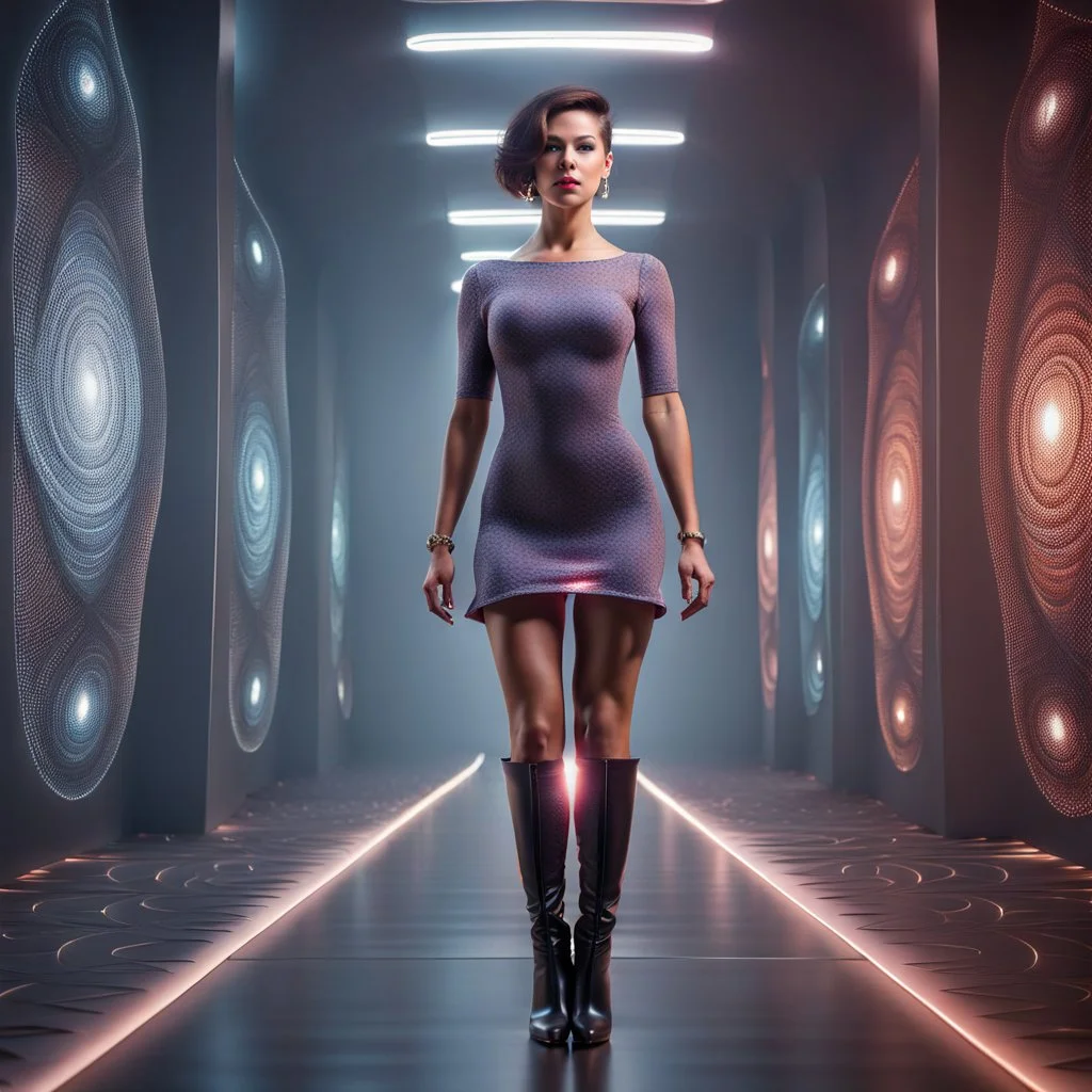 A full-body shot of a beautiful lady wearing beautifull tight pants and pretty color short dress with short boots ,short hair,idle pose in recursive 3d fractal hall