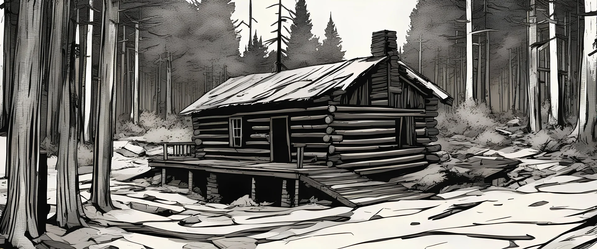 log cabin welcome center, post-apocalyptic, comic book, forest, cinematic, from far away,