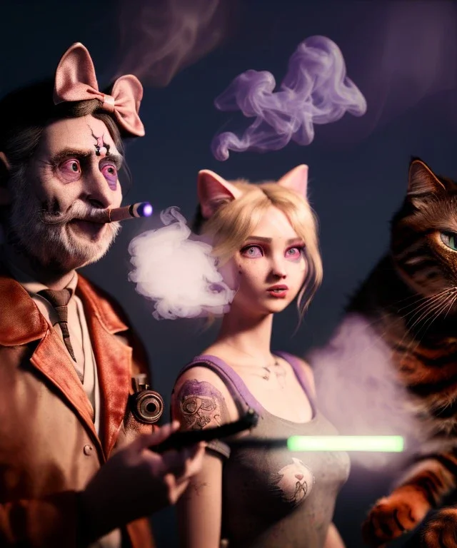 Ultra realistic afternoon photo, happy smoker couple, blonde Alice woman and purple + cat smoking a pipe, circus blue dress style, black headband with bow, old school body tattoo, smoke, marihuana garden, glow eyes, perfect iris, soft color, highly detailed, unreal engine 5, ray tracing, RTX, lumen lighting, ultra detail, volumetric lighting, high definition.