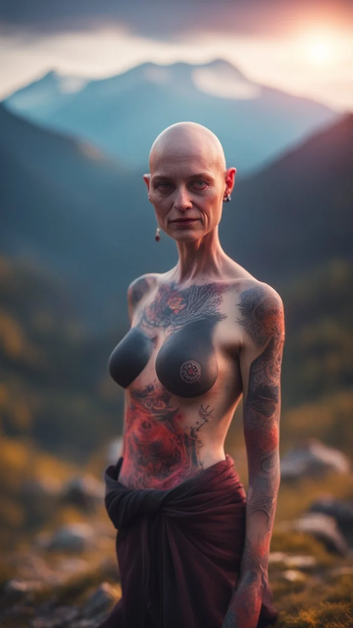 spray paint, portrait of bald witch as yoga Vampire with psychedelic tattoos in carpathians montains sun set ,bokeh like f/0.8, tilt-shift lens 8k, high detail, smooth render, down-light, unreal engine, prize winning