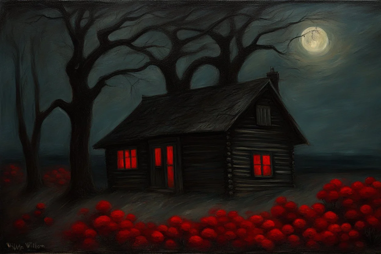 Creepy trees, creepy night, moon, cabin, red flowers, philip wilson steer impresionism painting