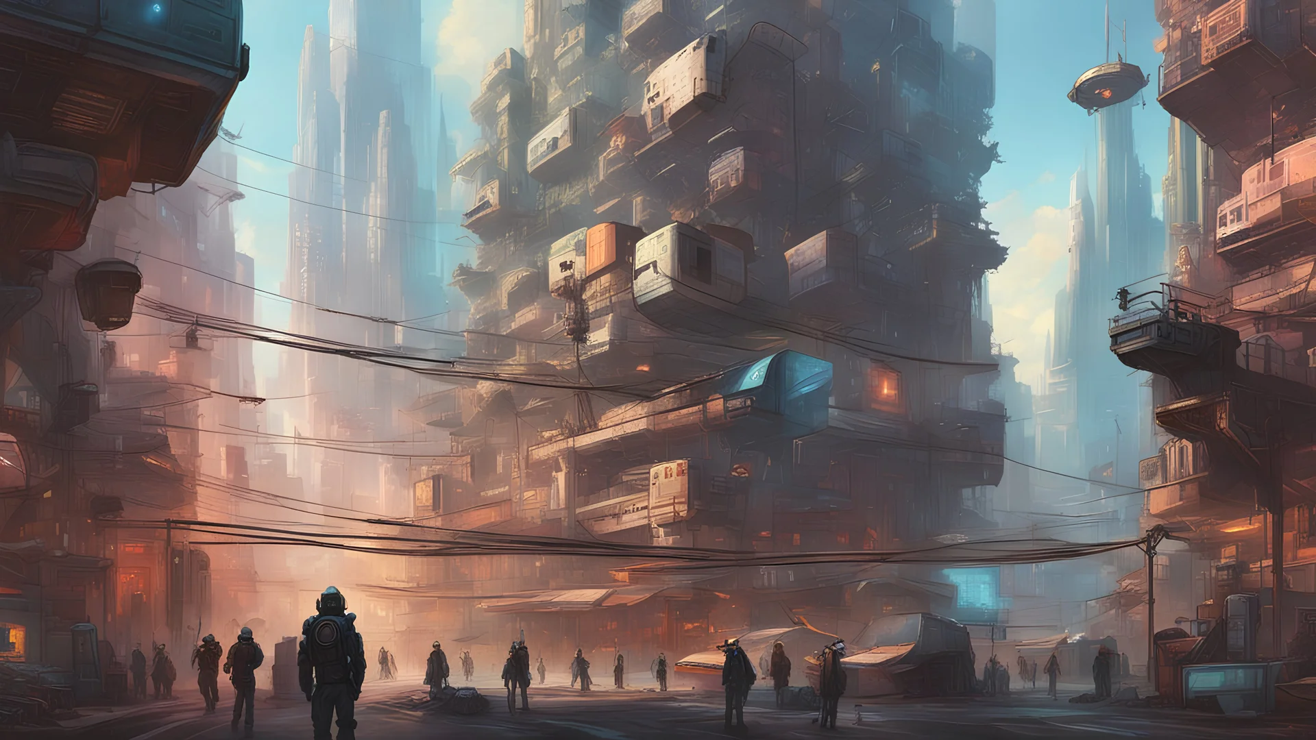 Dystopian futuristic City Dominated by Robots and Surveillance Cameras, Jordan Grimmer Style, very colorful, very detailed