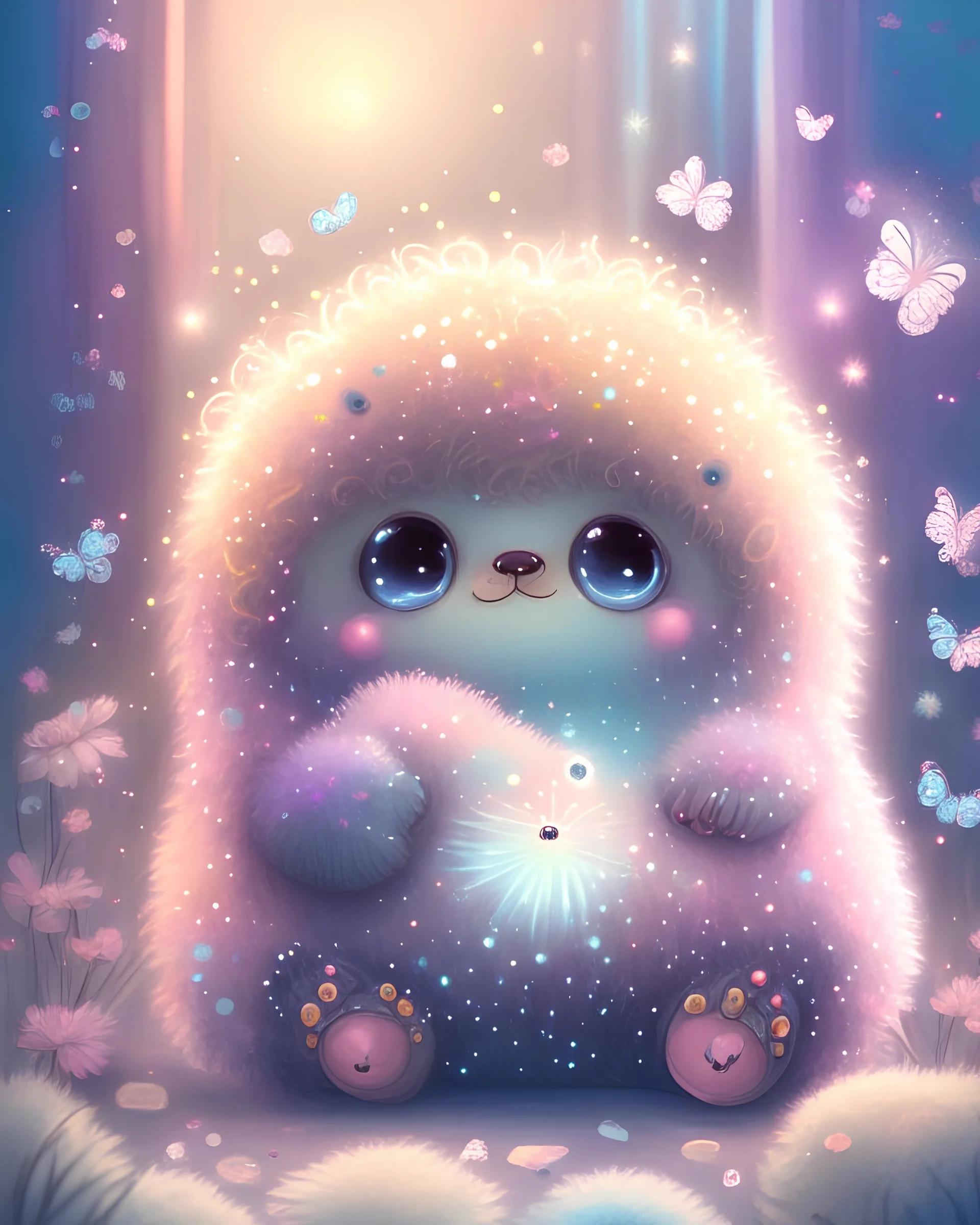 sweet cute fuzzy soft and fluffy hairy monster with big sparkly eyes in the room with thermometer. He is sick and has temperature. Baby pastel colours. Flowers and bubbles in background. Sparkles, sun and fireflies around. Butterflies