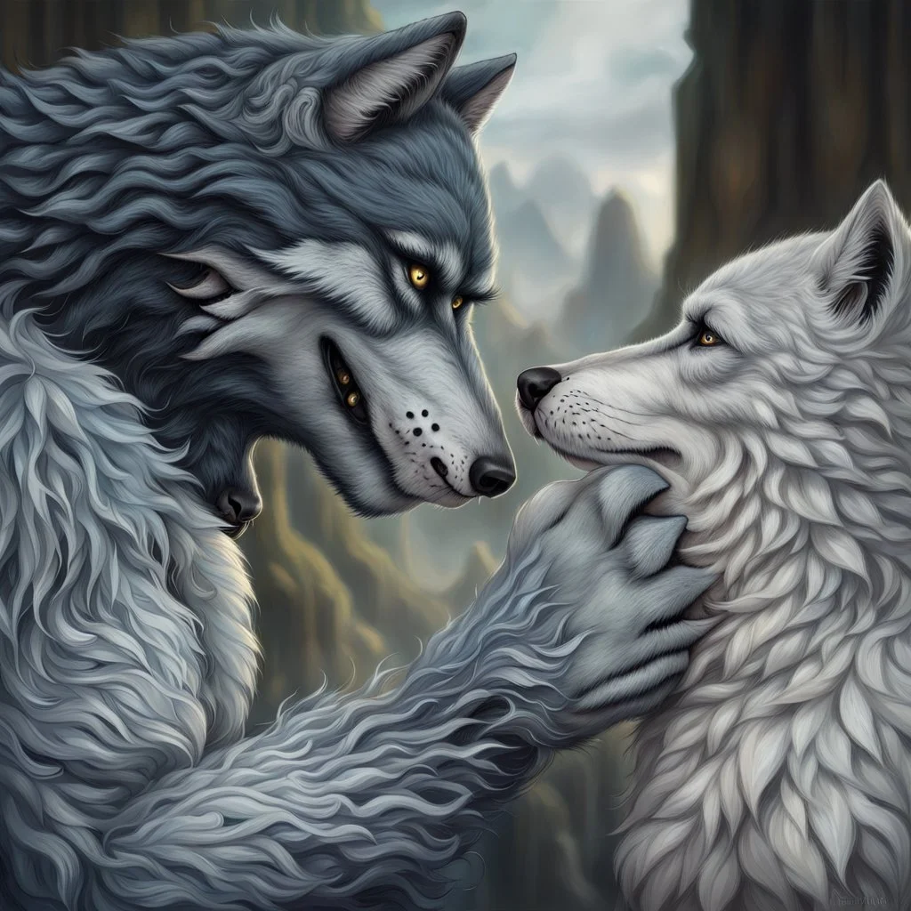 the anthropomorphic gray hairy body wolfman name Teo, holds between his paws the anthropomorphic pale hairy body wolfwoman's face , they look at each other lovingly, blur background, high detalied, realistic, sci-fi and fantasy mood