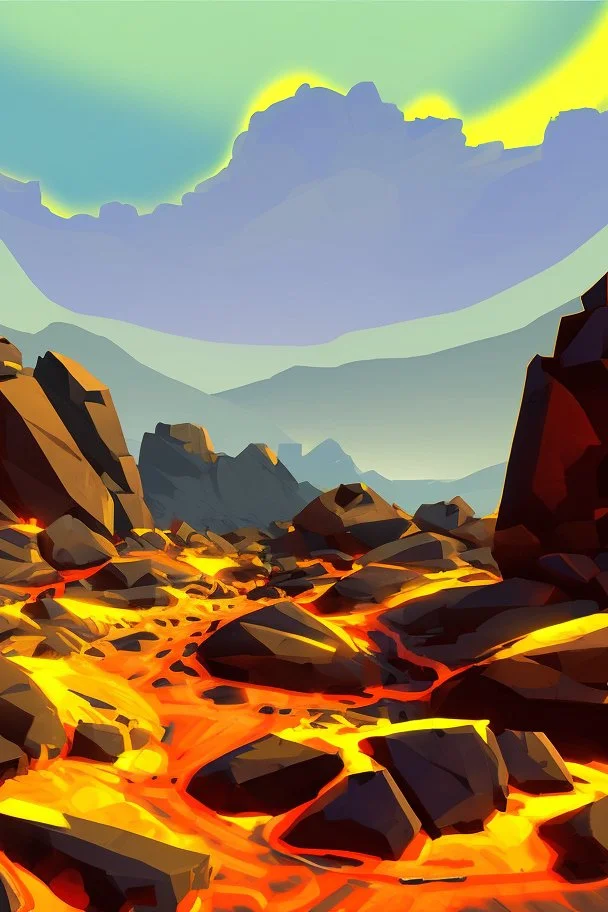 an inferno landscape with rocks cell shading