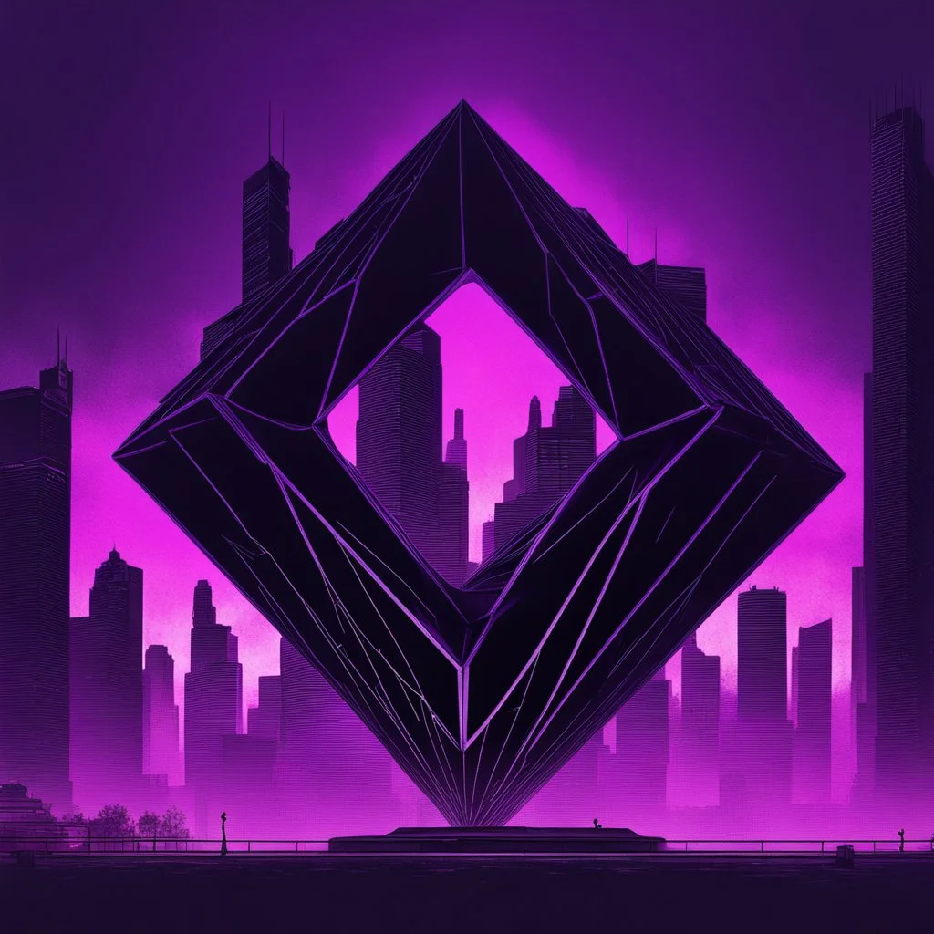 a large dark black ominous rhombus shaped structure with a neon purple outline floating high above a dystopian monochrome city