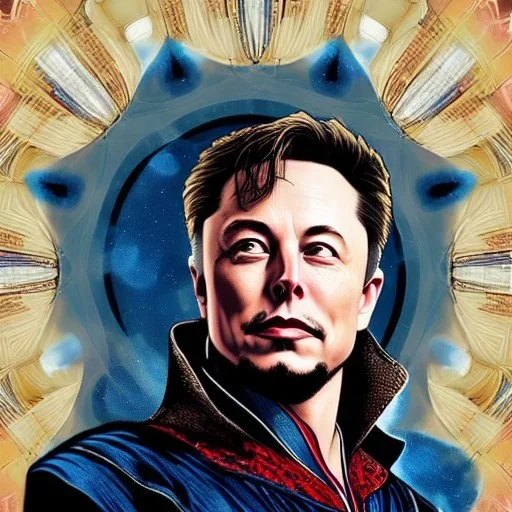 Sad, Elon musk as doctor strange, heartbroken, heroic, flying, insanely detailed, sunlit, realistic, grey eyes , acrylic paint