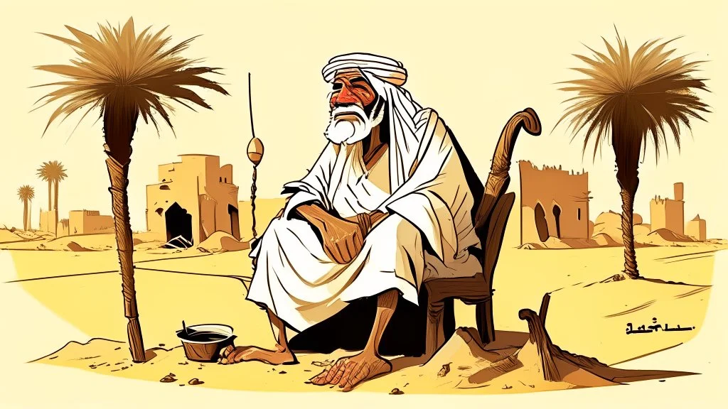 Old man, Arab, turban, white clothes, cattle, desert, council, sun, palm trees, mud houses, holding a stick, looking forward, a very slight smile.cartoon,Sitting on a chair,long beard,Mouth slightly open