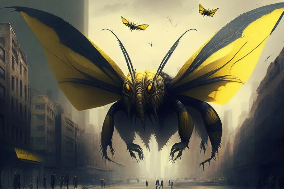 insecto extremadamente grande, de ojoso amarillos y alas enormes atacando una ciudad