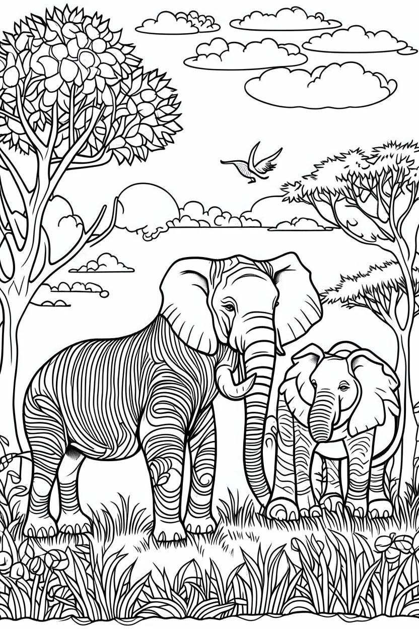 Feature a lion, elephant, and zebra in a savannah setting, with a few acacia trees, clean line art, white background, no shadows, black and white coloring book.