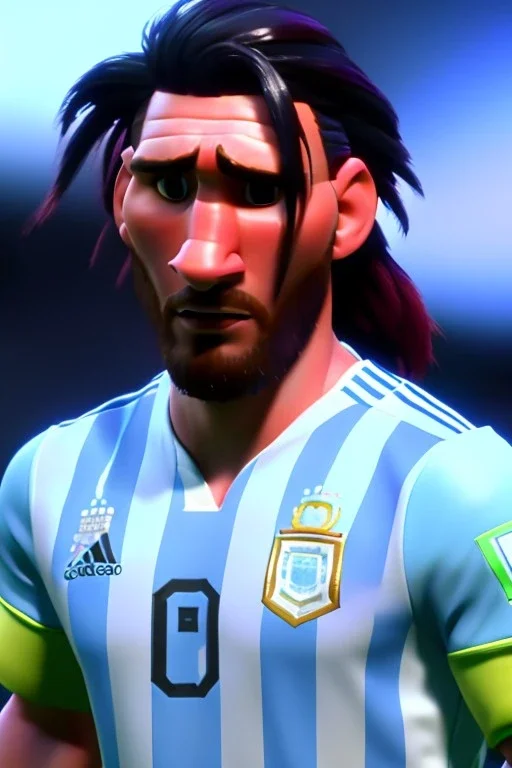 Realistic Messi Argentina soccer player Portrait, mid shot view, angry, concept art, art station, 3d, photo studio, blue clean background, unreal engine 5, ray tracing, RTX, lumen lighting, ultra detail, volumetric lighting.