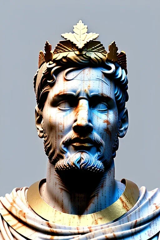 Ultra Realistic image, Roman sculpture, white marble material, Lionel Messi, gold Laurel leaves wreath, renaissance ornaments, one gold star in heart, marble and gold ornaments background, chisel style, waist up portrait, emperor style, epic, celestial, cinematic lighting, God light, god rays, 4k resolution, smooth details, ornate details, soft lighting, unreal engine 5, art station, substance 3d.