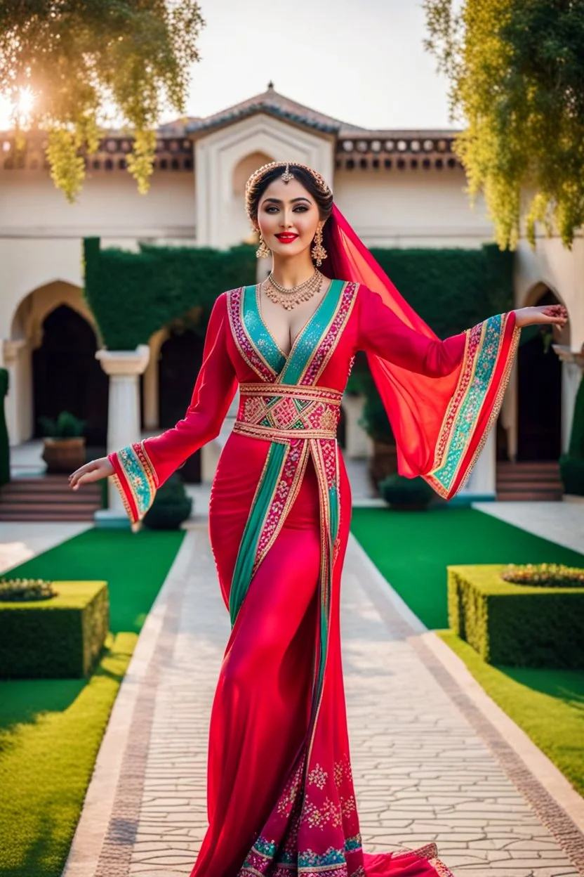 create a video of beautiful azerbaijani lady wearing traditional clothing dancing with sari gelin famous song and music of azerbaijan in a pretty villa garden