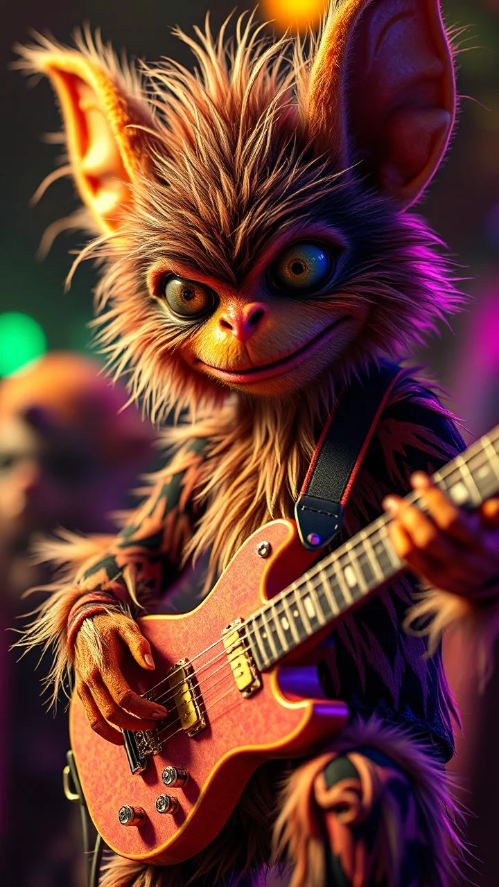 a psychedelic fuzzy muppet show gekko gremlin rock star with club guitar in the style of Fallout 4 and Giger, bokeh like f/0.8, tilt-shift lens 8k, high detail, smooth render, down-light, unreal engine, prize winning