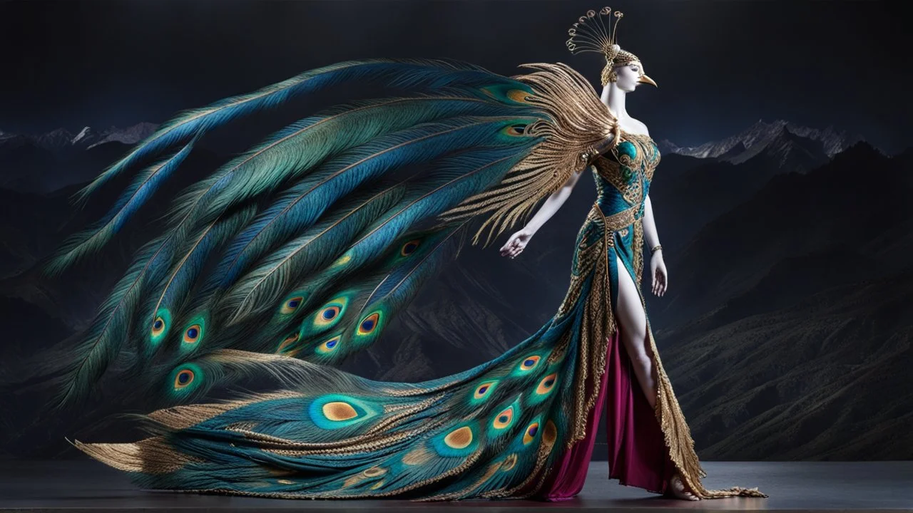 A majestic figure with a bird-like head and long, flowing feathers that resemble a peacock's tail. The figure stands against a dark, mountainous backdrop. The feathers are vibrant with shades of blue, green, and gold, and they spread out dramatically, almost as if they are in motion. The figure's body is adorned with intricate patterns and designs, and it wears a long, flowing dress that mirrors the colors and patterns of the feathers. The dress has a high slit on one side, revealing a leg.