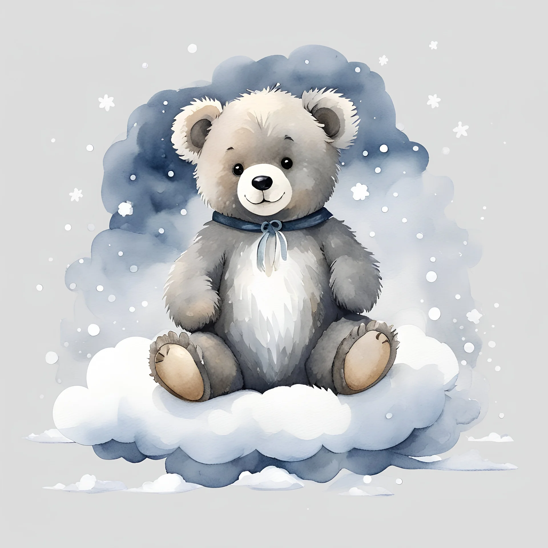 watercolour children's book illustration, muted tones, cute grey-beige sleepy little baby teddy bear, sitting on a snow white cloud, isolated on a solid white background