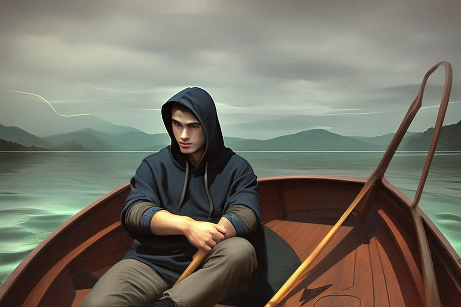 Modern man in a boat wearing hoodie by Andrea del Sarto