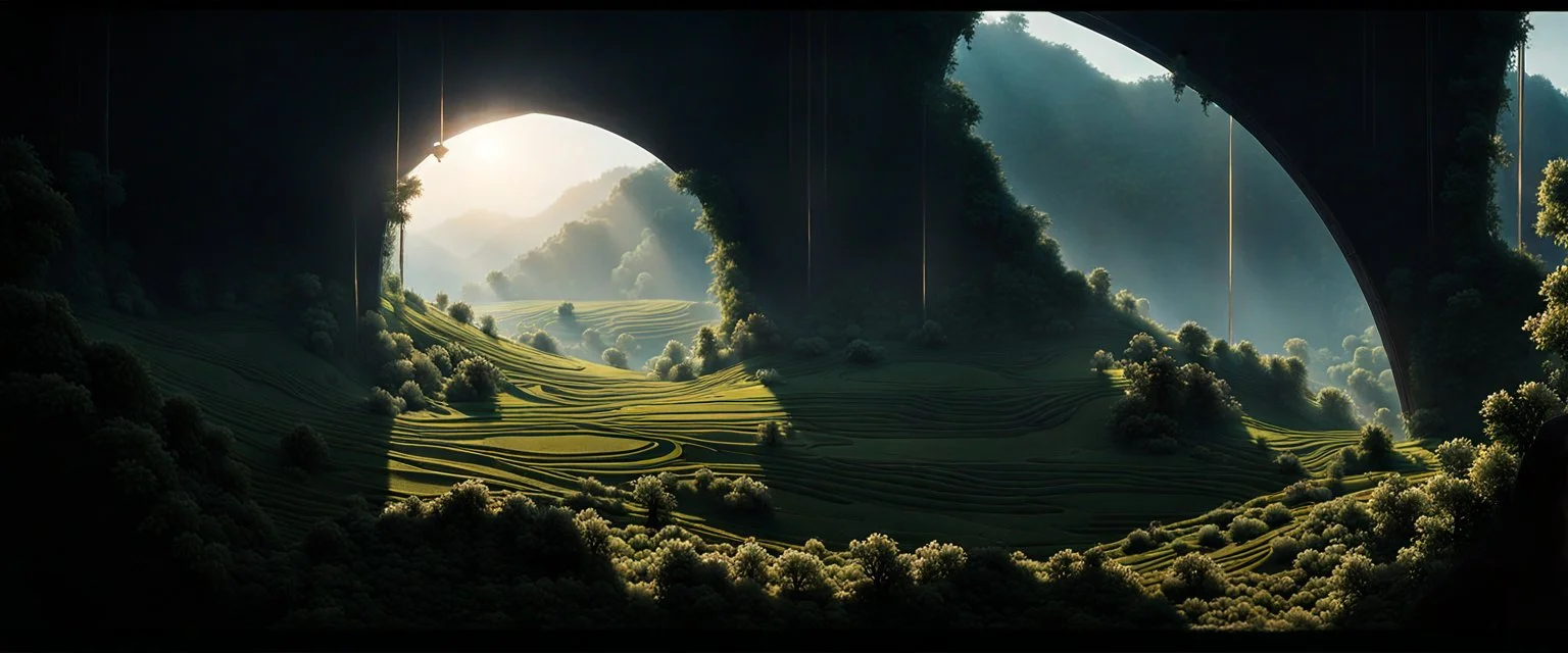 As you gaze upon this stunning landscape, you can't help but be grateful for the beauty that surrounds us all. In this lush void, imperfection is celebrated, and natural lighting reigns supreme. It's a cinematic moment, captured in time by an artist with a passion for Solarpunk, and it will always be a cherished memory.