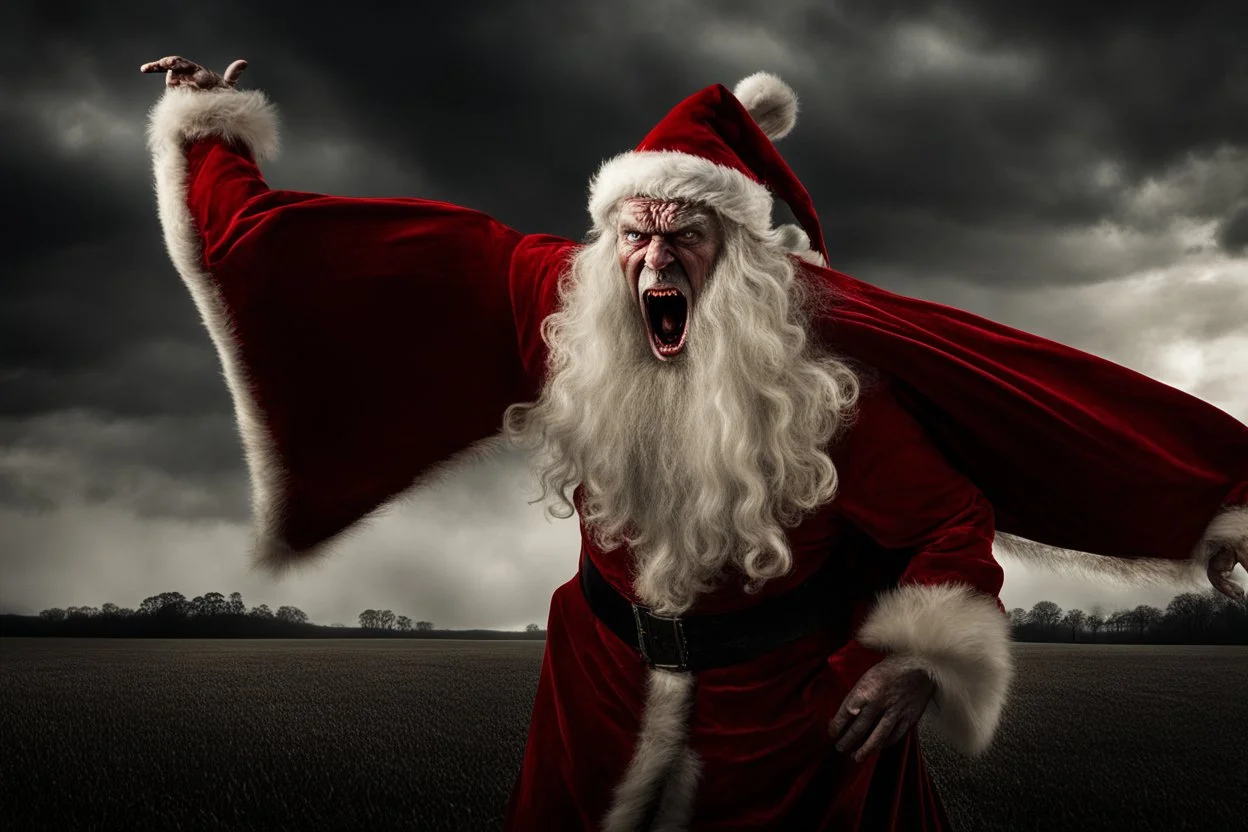 A captivating image of a attacking angry Scary vampire Father Christmas, poised on a vast field with a stark contrast between light and dark, conveys a powerful sense of tension. In this expertly captured photograph, the predatory animal stands tall, its muscular frame oozing strength and dominance. The sharpness of every detail accentuates the creature's primal aura, from its razor-sharp teeth and piercing eyes to its sleek, glossy fur. This mesmerizing image.