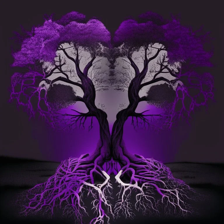 two trees with roots connected purple dark