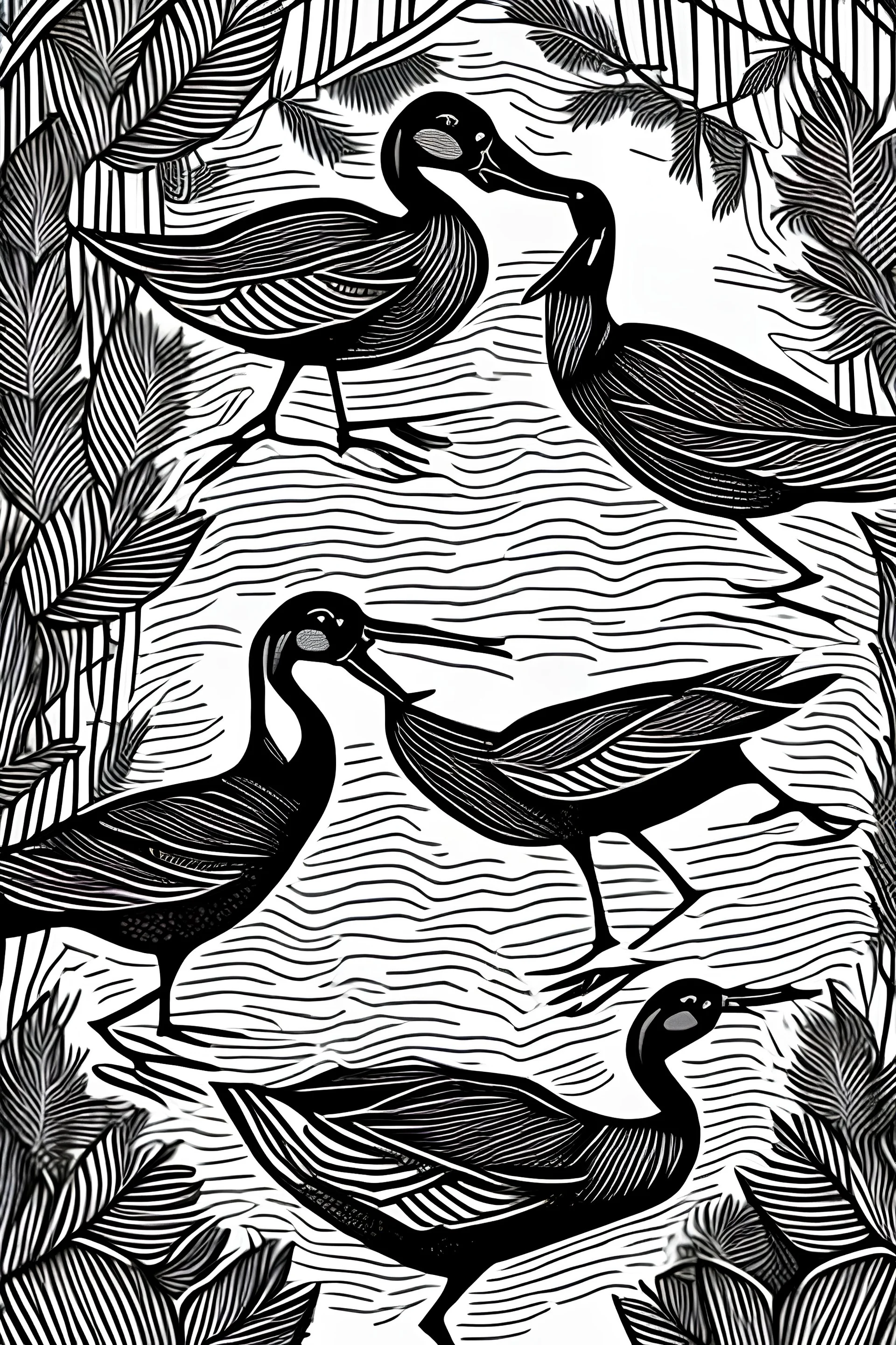 Whistling ducks gliding through a peaceful forest lagoon, their feathers shimmering.(outline art),without colouring