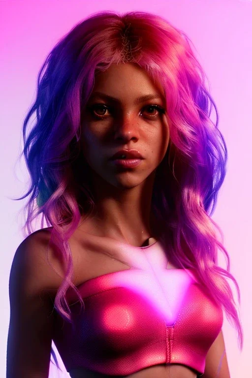 Shakira, artist, 30 years old, Realistic image, waist up portrait, etro style dress. Blonde, loose long hair, eyes make up, perfect, glow, circle iris. Neon colors, leds, geometric shapes. Dark background, photo studio, neon lights. Cyberpunk, concept art, smooth, unreal engine 5, god lights, ray tracing, RTX, lumen lighting, ultra detail, volumetric lighting, 3d, finely drawn, high definition, 4k.