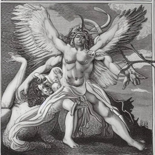 The winged messenger Hermes delivering a message to Zeus but Zeus is a Hydra. Medusa and the Minotaur are fighting in the background.