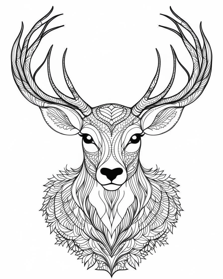 coloring pages: Imagine the image of a Fun deer for coloring. The picture occupies the center of the paper surrounded by a frame of intricate patterns or simple designs for coloring,