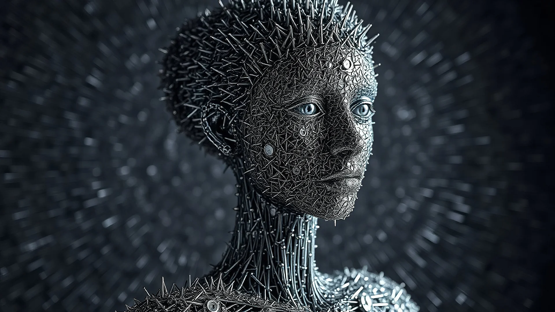 A female humanoid sculpture, intricate and detailed, crafted from thousands of tiny steel spikes, each element expertly fashioned with razor-sharp precision, standing confidently. The figure's delicate features are beautifully replicated, showcasing the elegant curves of its form and the precise angles of its face, creating a dazzling interplay of light and shadow that draws the eye. Background is completely covered by steel spikes