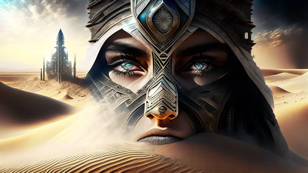 White desert sands with black tower painterly fantasy art matrix style cyborg portrait detailed symmetrical realistic eyes steampunk cyborg cyborg intricate detailed to scale hyperrealistic dark lighting digital concept art