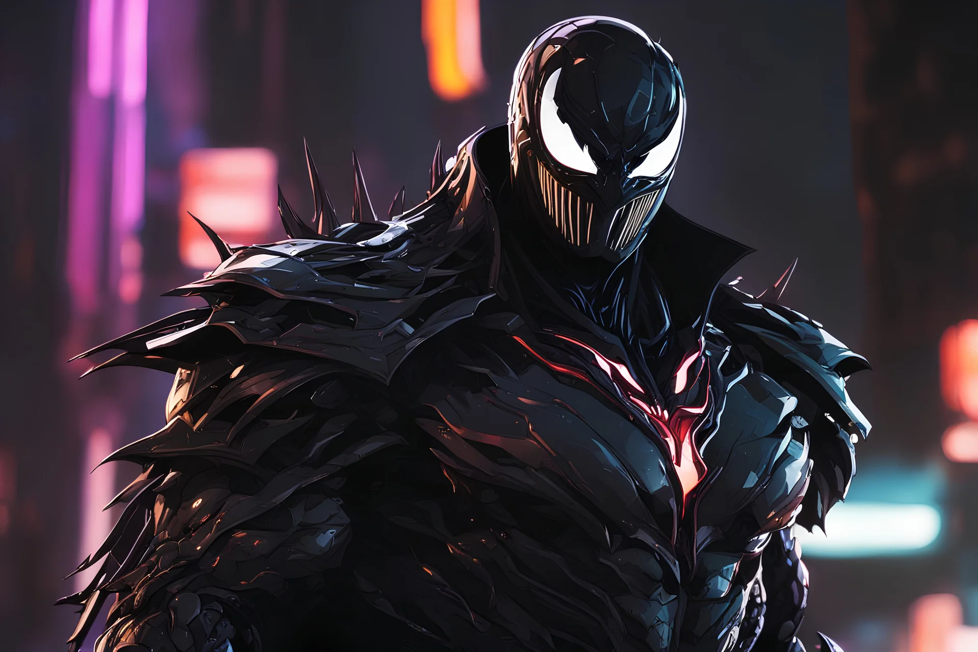Venom Shredder in 8k solo leveling shadow artstyle, machine them, close picture, rain, neon lights, intricate details, highly detailed, high details, detailed portrait, masterpiece,ultra detailed, ultra quality