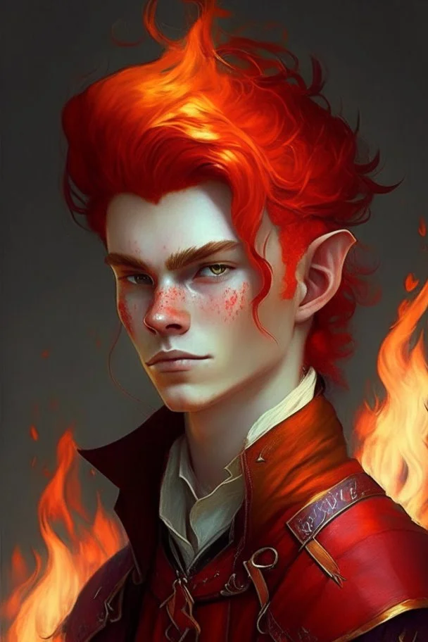 A teenage half-elf man, his hair is like red flame, looks charming but with an attitude, fancy clothing