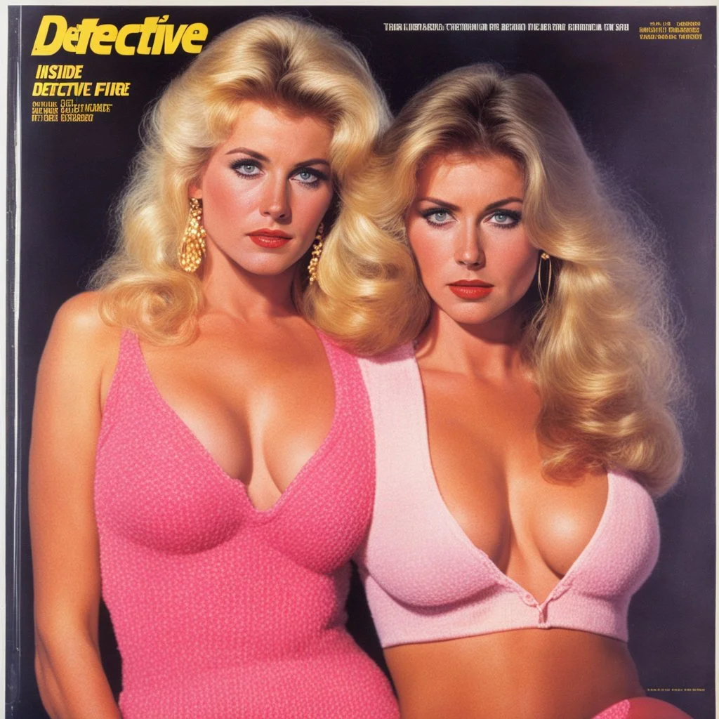 inside detective special 1982: The Lady Played with Fire, the cover figures a young long hair blonde lady in pink knitted_bikini and gold earrings