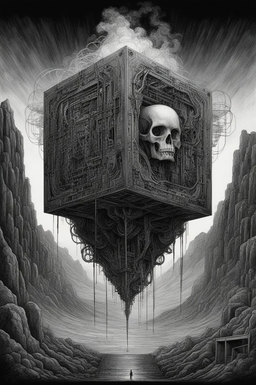 A cube on and with computer chips and a smoke in the mountains background dark a thin line draw ، front view camera, decayed and proportions and imagery. surreal chorror, biomechanical design, by hr giger and beksinski , fine lines draw