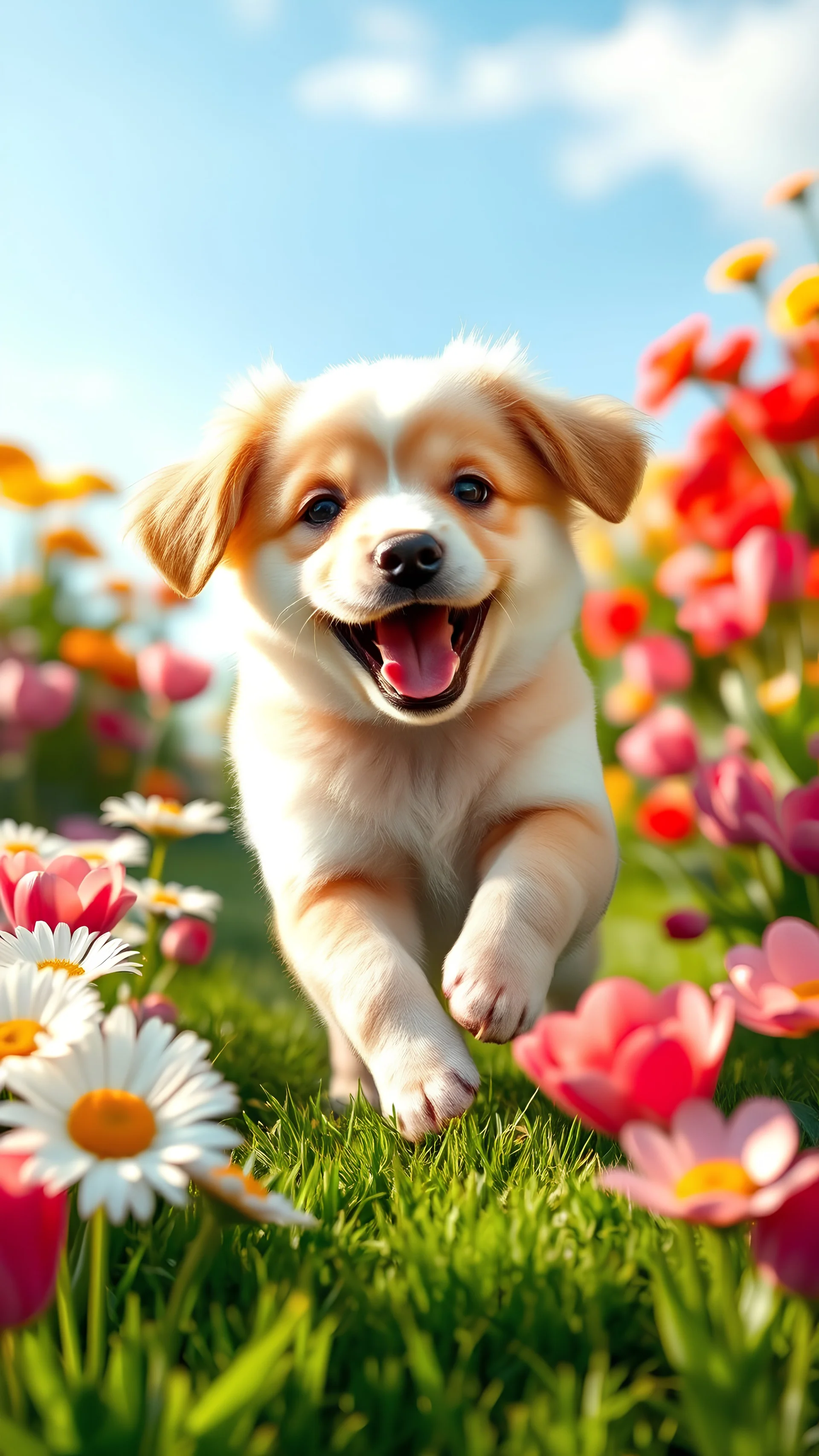 Create a hyper-realistic image of a playful puppy frolicking in a vibrant flower garden.The scene should capture the puppy's joyful expression, with its fur glistening in the sunlight.Surround the puppy with an array of colorful flowers, including daisies, tulips, and roses, in full bloom.Ensure the background features a clear blue sky and soft, green grass, adding depth and warmth to the composition.Focus on the details to enhance realism.